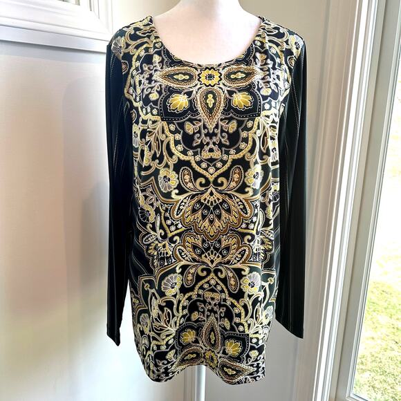 Bob Mackie Wearable Art Black Yellow Paisley Stretch Long Sleeve Shirt Medium - Picture 1 of 6